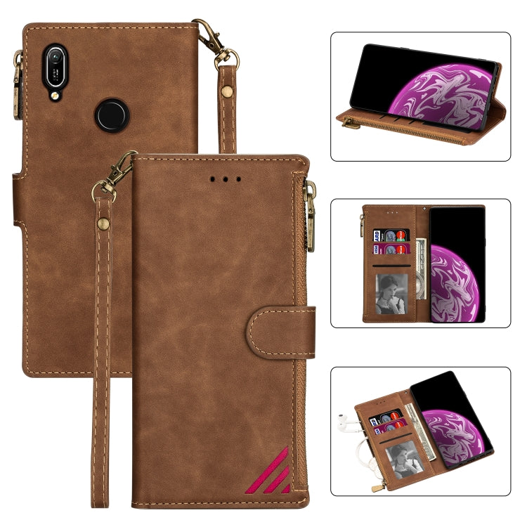 For Huawei Y6 (2019) Zipper Multi-card Slots Horizontal Flip PU Leather Case with Holder & Card Slots & Wallet & Lanyard & Photo Frame