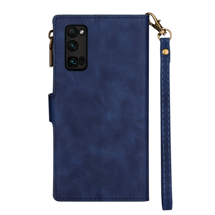 For Huawei Honor 30 Pro Zipper Multi-card Slots Horizontal Flip PU Leather Case with Holder & Card Slots & Wallet & Lanyard & Photo Frame(Blue)