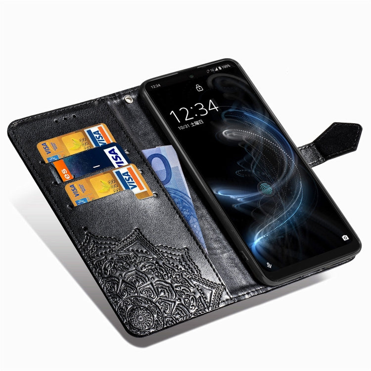 For Sharp Aquos Zero 5G Basic Embossed Mandala Pattern TPU + PU Horizontal Flip Leather Case with Holder & Three Card Slots & Wallet