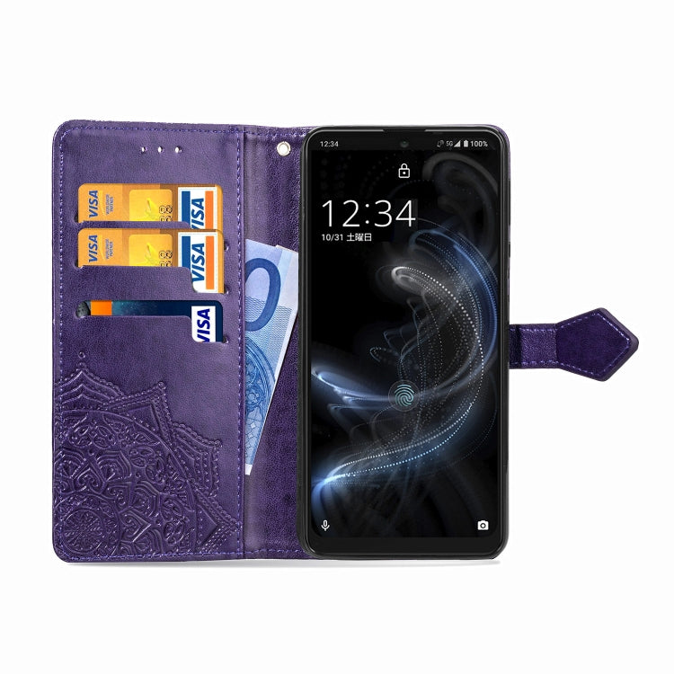 For Sharp Aquos Zero 5G Basic Embossed Mandala Pattern TPU + PU Horizontal Flip Leather Case with Holder & Three Card Slots & Wallet