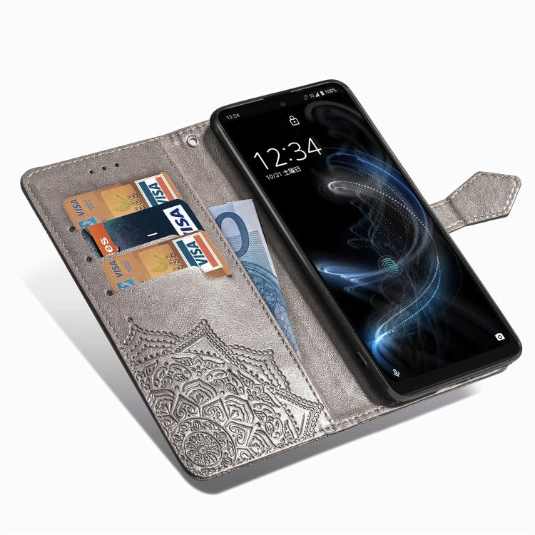 For Sharp Aquos Zero 5G Basic Embossed Mandala Pattern TPU + PU Horizontal Flip Leather Case with Holder & Three Card Slots & Wallet
