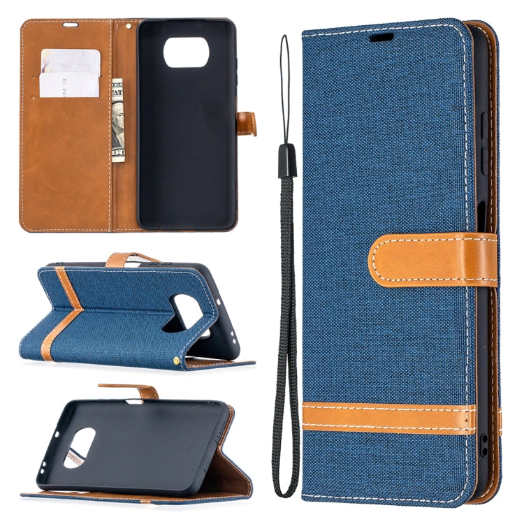 For Xiaomi Mi Poco X3 Color Matching Denim Texture Leather Case with Holder & Card Slots & Wallet & Lanyard
