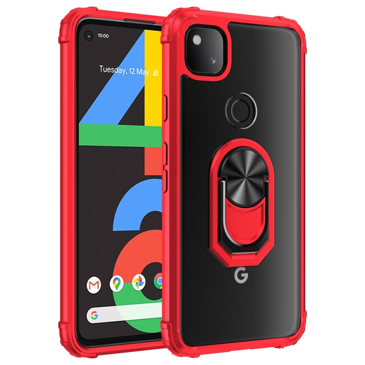 For Google Pixel 4a Shockproof Transparent TPU + Acrylic Protective Case with Ring Holder