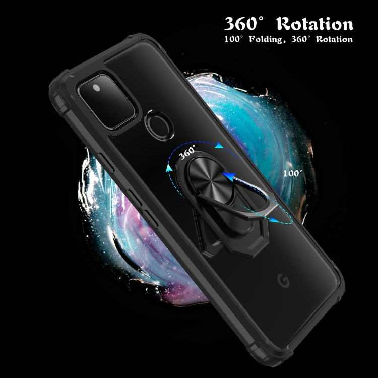For Google Pixel 5 XL Shockproof Transparent TPU + Acrylic Protective Case with Ring Holder