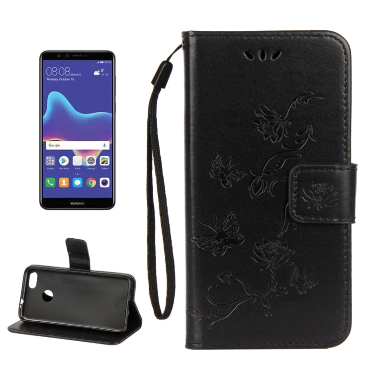 For Huawei Y9 (2018) Lotus Butterfly Pattern Horizontal Flip Leather Case with Holder & Card Slots & Wallet & Lanyard