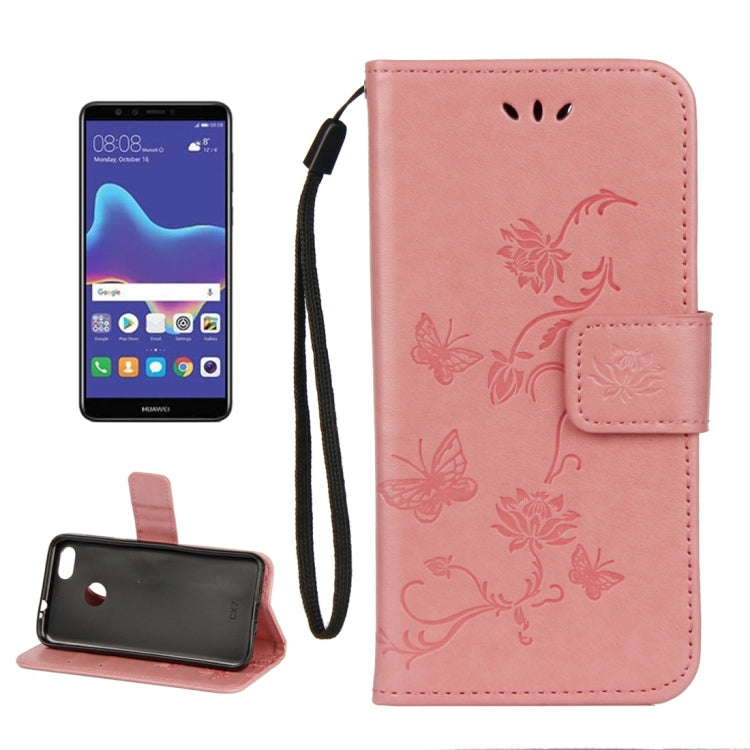 For Huawei Y9 (2018) Lotus Butterfly Pattern Horizontal Flip Leather Case with Holder & Card Slots & Wallet & Lanyard
