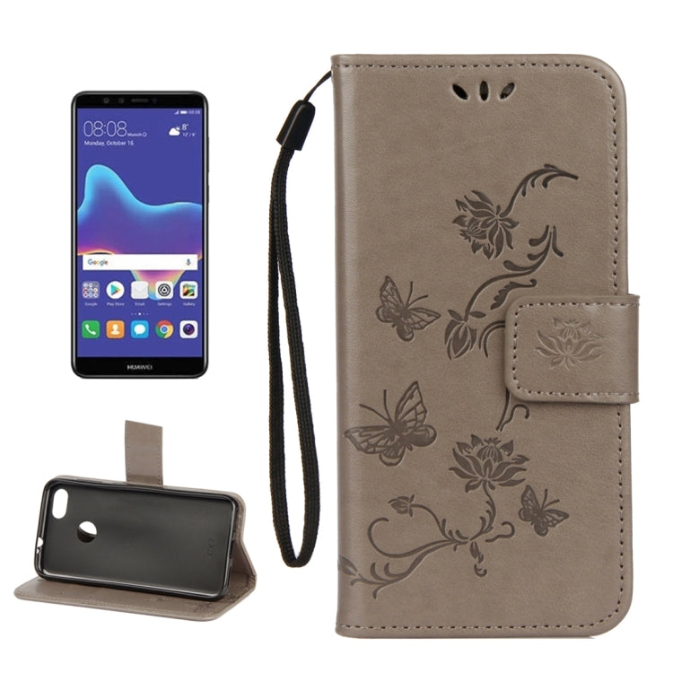 For Huawei Y9 (2018) Lotus Butterfly Pattern Horizontal Flip Leather Case with Holder & Card Slots & Wallet & Lanyard