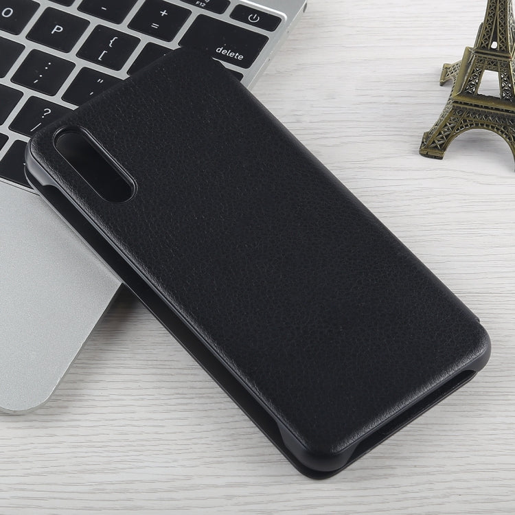 For Huawei P20 Litchi Texture PC + PU Horizontal Flip Case with Smart View Window and Sleep Wake-up Function