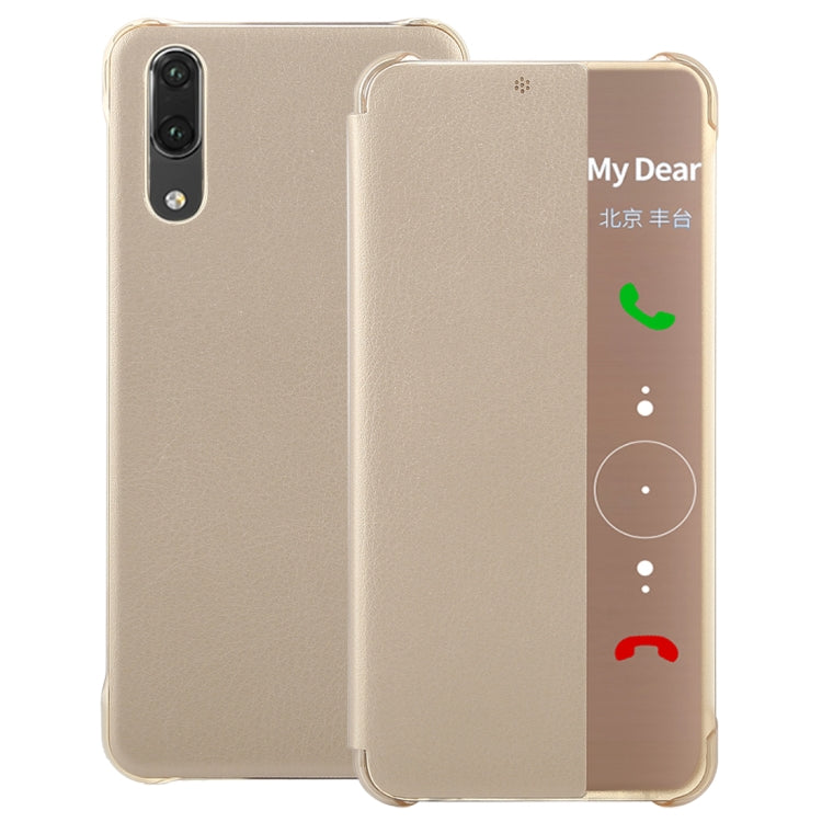 For Huawei P20 Litchi Texture PC + PU Horizontal Flip Case with Smart View Window and Sleep Wake-up Function