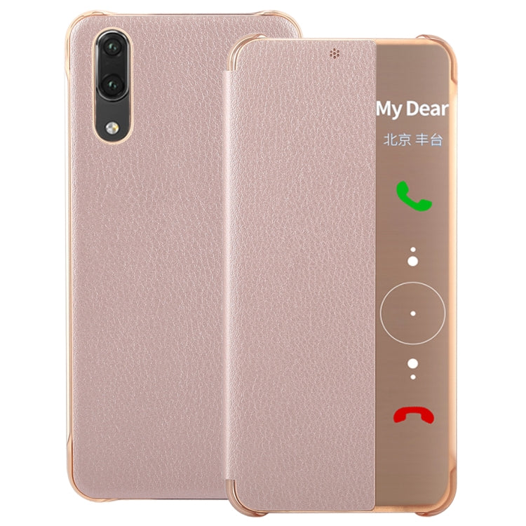 For Huawei P20 Litchi Texture PC + PU Horizontal Flip Case with Smart View Window and Sleep Wake-up Function
