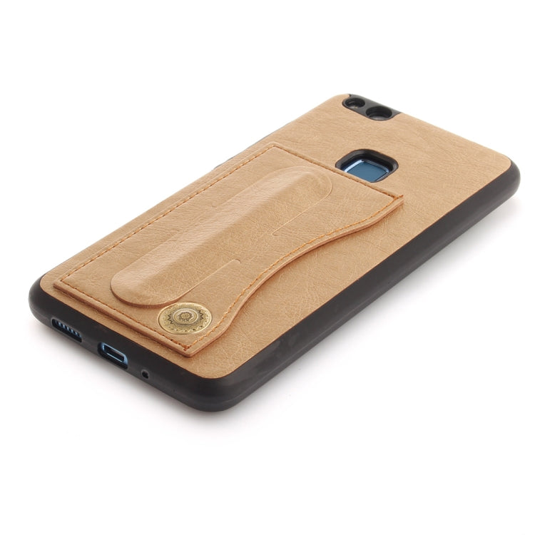 For Huawei P10 Lite TPU + Leather Pasted Litchi Texture Protective Back Case with Holder & Card Slots