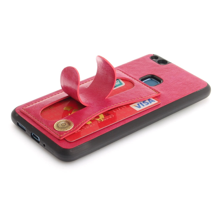 For Huawei P10 Lite TPU + Leather Pasted Litchi Texture Protective Back Case with Holder & Card Slots