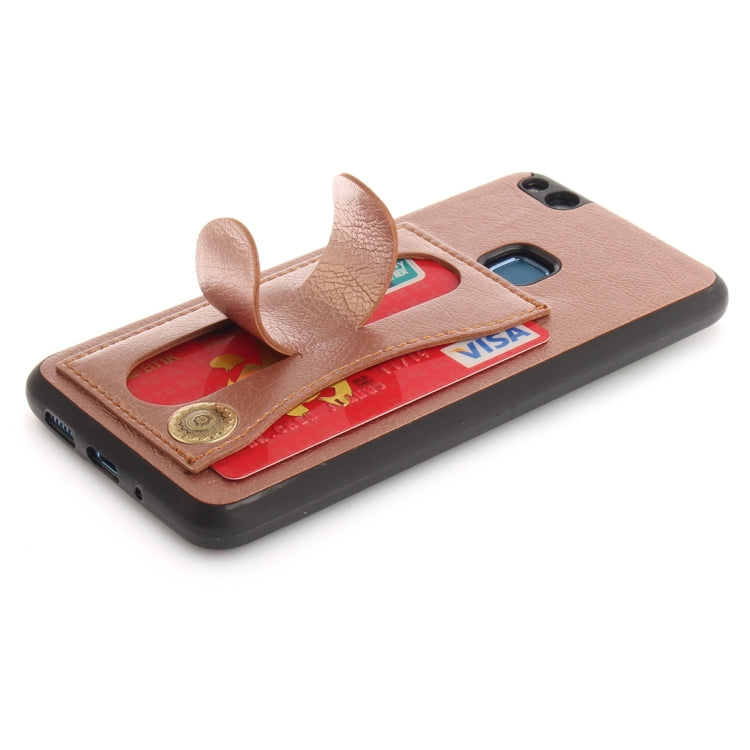 For Huawei P10 Lite TPU + Leather Pasted Litchi Texture Protective Back Case with Holder & Card Slots