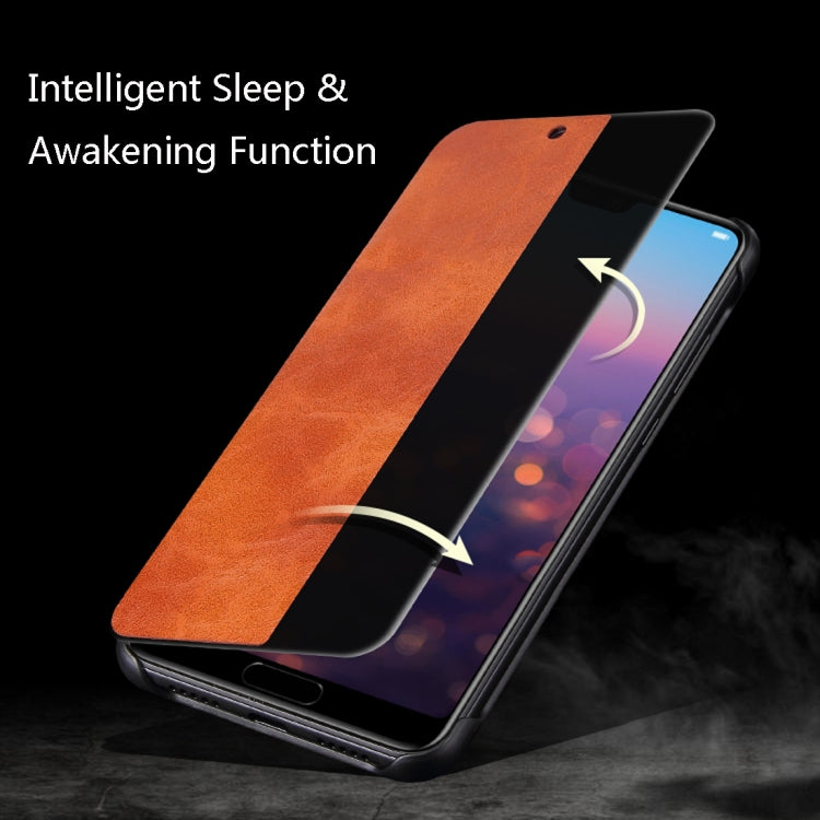 Fierre Shann Crazy Horse Texture Horizontal Flip PU Leather Case for Huawei P20, with Smart View Window & Sleep Wake-up Function