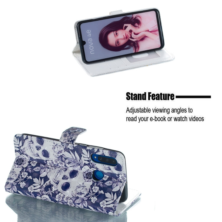 Skull and Flower Pattern 3D Horizontal Flip Leather Case for Huawei P30 Lite, with Holder & Card Slots & Photo Frame & Wallet
