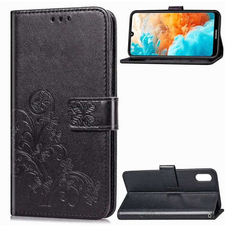 Lucky Clover Pressed Flowers Pattern Leather Case for Huawei Y6 Pro 2019, with Holder & Card Slots & Wallet & Hand Strap