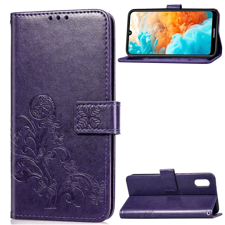 Lucky Clover Pressed Flowers Pattern Leather Case for Huawei Y6 Pro 2019, with Holder & Card Slots & Wallet & Hand Strap