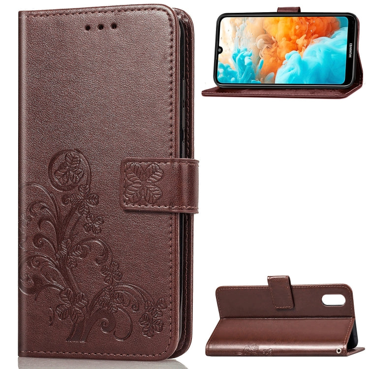 Lucky Clover Pressed Flowers Pattern Leather Case for Huawei Y6 Pro 2019, with Holder & Card Slots & Wallet & Hand Strap