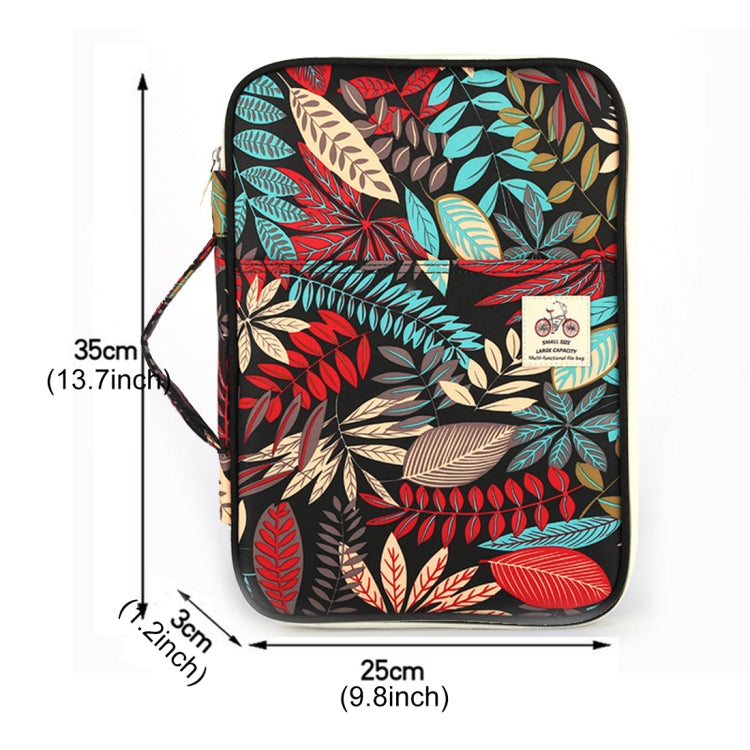 Office Supplies Leaves Pattern Zipper Document Folder A4 Storage Bag (Black+Red)