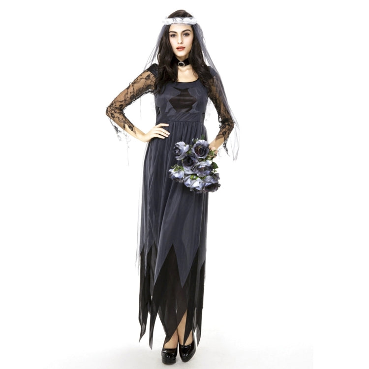 Halloween Costume Women Lace Chiffon Black Dress Ghost Bride Clothes Cosplay Game Uniforms, Size: XL, Bust: 84cm, Waistline:76cm, Clothes Long:145cm