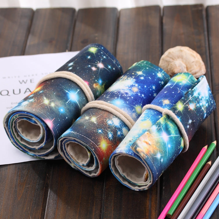 36 Slots Cosmic Galaxy Print Pen Bag Canvas Pencil Wrap Curtain Roll Up Pencil Case Stationery Pouch