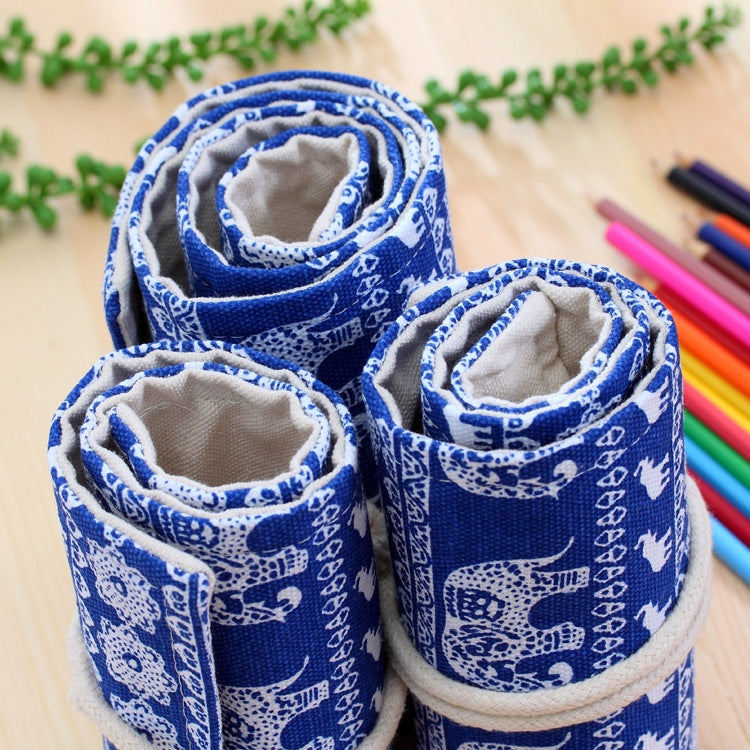 36 Slots Ethnic Elephant Print Pen Bag Canvas Pencil Wrap Curtain Roll Up Pencil Case Stationery Pouch
