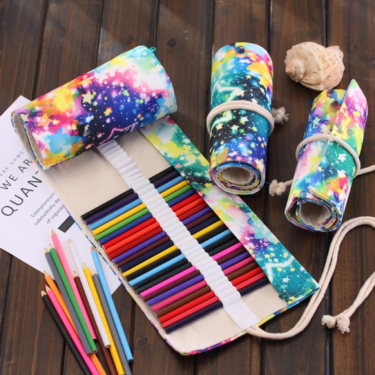 72 Slots Starry Sky Print Pen Bag Canvas Pencil Wrap Curtain Roll Up Pencil Case Stationery Pouch