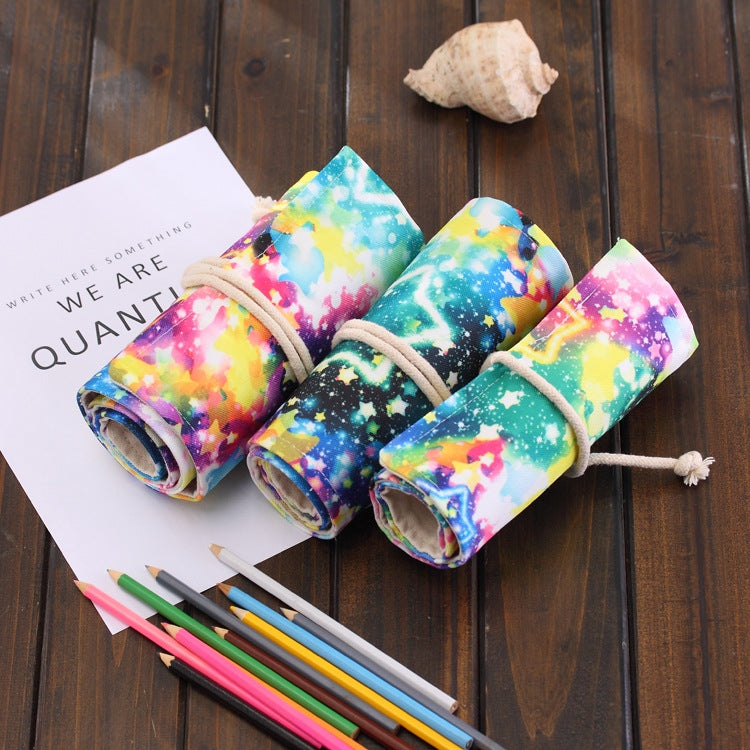 72 Slots Starry Sky Print Pen Bag Canvas Pencil Wrap Curtain Roll Up Pencil Case Stationery Pouch