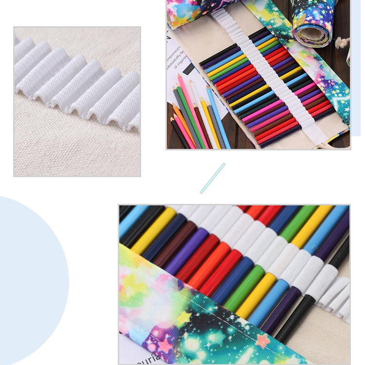 72 Slots Starry Sky Print Pen Bag Canvas Pencil Wrap Curtain Roll Up Pencil Case Stationery Pouch