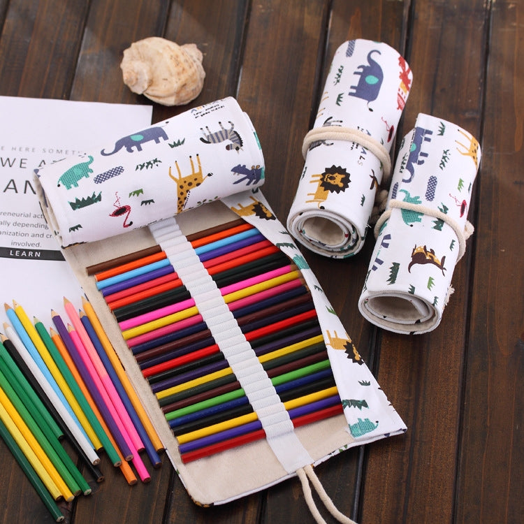 48 Slots Cartoon Animal Print Pen Bag Canvas Pencil Wrap Curtain Roll Up Pencil Case Stationery Pouch