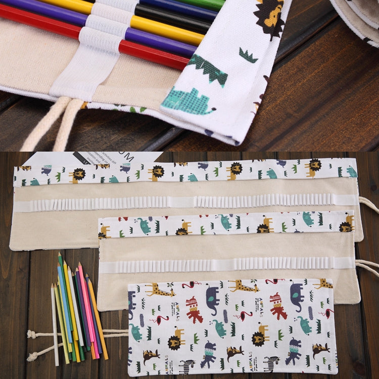 72 Slots Cartoon Animal Print Pen Bag Canvas Pencil Wrap Curtain Roll Up Pencil Case Stationery Pouch
