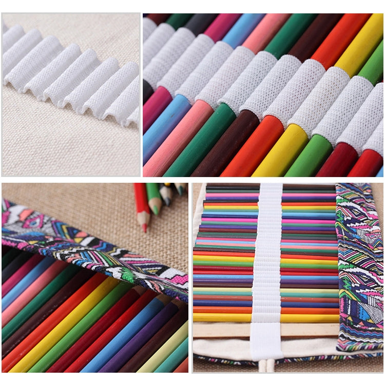 36 Slots Ethnic Print Pen Bag Canvas Pencil Wrap Curtain Roll Up Pencil Case Stationery Pouch