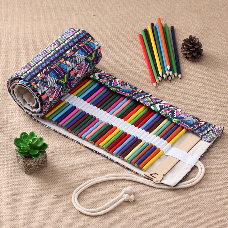 48 Slots Ethnic Print Pen Bag Canvas Pencil Wrap Curtain Roll Up Pencil Case Stationery Pouch