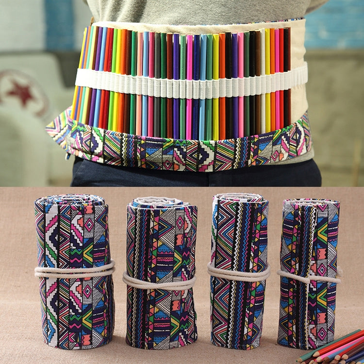 48 Slots Ethnic Print Pen Bag Canvas Pencil Wrap Curtain Roll Up Pencil Case Stationery Pouch