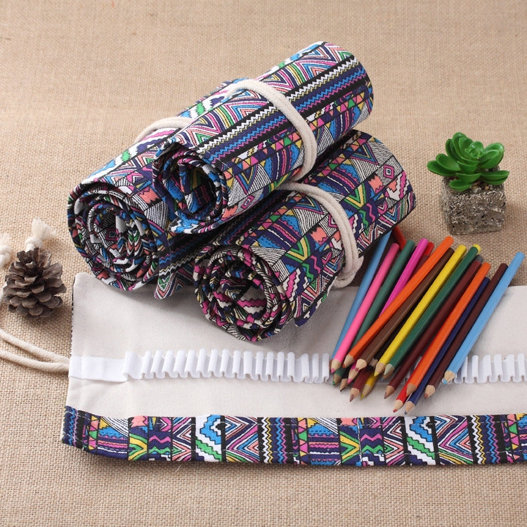108 Slots Ethnic Print Pen Bag Canvas Pencil Wrap Curtain Roll Up Pencil Case Stationery Pouch