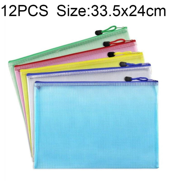 12 PCS Zipper Plastic Mesh Stationery Bag, Random Color Delivery (A4, Size: 33.5x24cm)