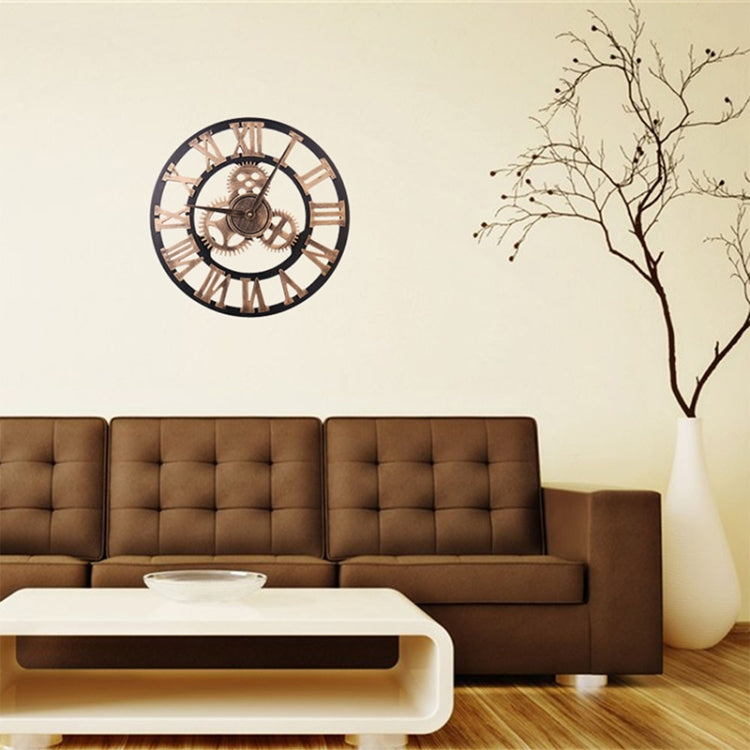 Retro Wooden Round Single-sided Gear Clock Rome Number Wall Clock, Diameter: 35cm