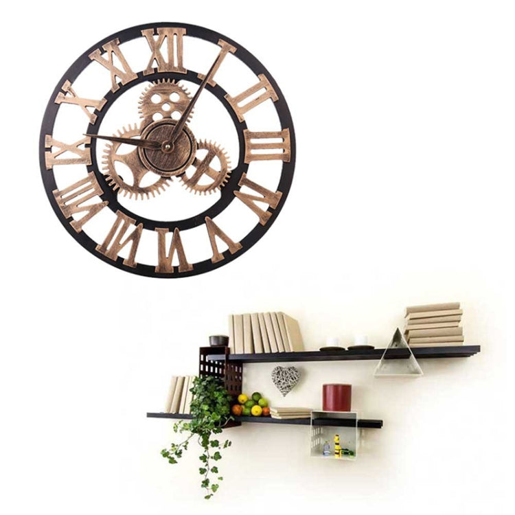 Retro Wooden Round Single-sided Gear Clock Rome Number Wall Clock, Diameter: 35cm