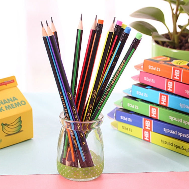 12 PCS Colorful Stripe Triangle Pencil School Students Drawing Pencil Stationery Comfortable Grip with Eraser, Random Color Delivery
