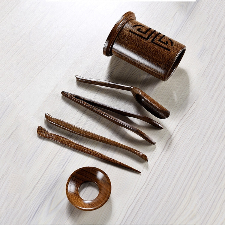 5 in 1 Tea Needle + Tea Clamp + Teaspoon + Tea Steak + Tea Barrel Kungfu Teaism Tea Set Teaware Accessories, Wenge Semi-circle