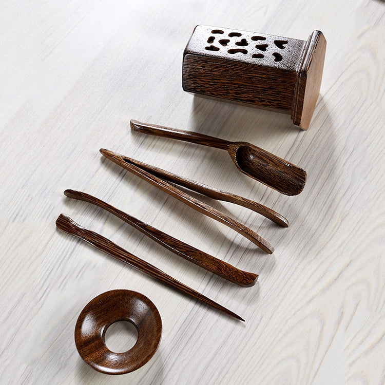 5 in 1 Tea Needle + Tea Clamp + Teaspoon + Tea Steak + Tea Barrel Kungfu Teaism Tea Set Teaware Accessories, Wenge Pentagon
