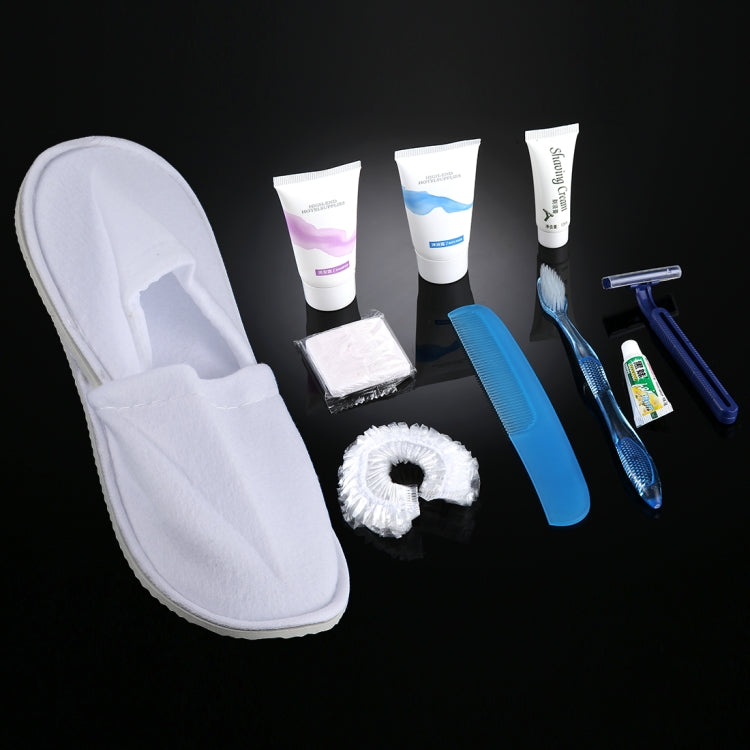 8 in 1 Portable Disposable Hotel Supplies Kit, Including Slippers, Shaving Kit, Toothbrush Kit, Bath Cap, Soap, Comb, Shampoo, Body Wash