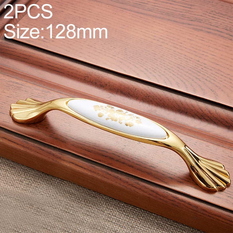 2 PCS 5026_128 Golden Flower Pattern Zinc Alloy Ceramic Cyan Cabinet Drawer Handle