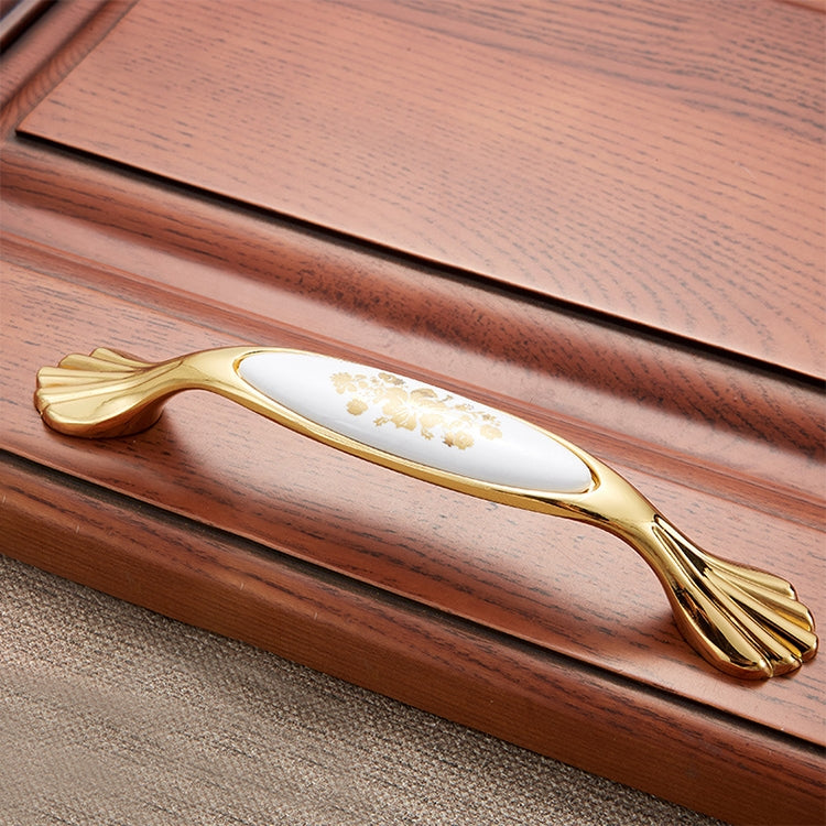 2 PCS 5026_128 Golden Flower Pattern Zinc Alloy Ceramic Cyan Cabinet Drawer Handle