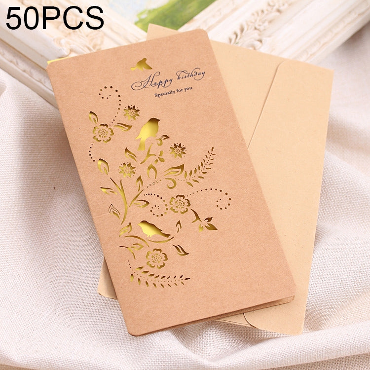 50 PCS Festival Universal Retro Kraft Paper Flowers and Bird Pattern Greeting Cards