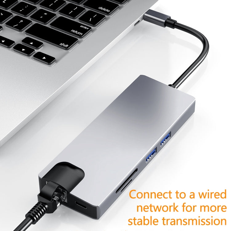 HW-TC12 8 In 1 Type-C / USB-C Multifunctional Extension HUB Adapter Hdmi / Vga Hub Card Reader + Network Card