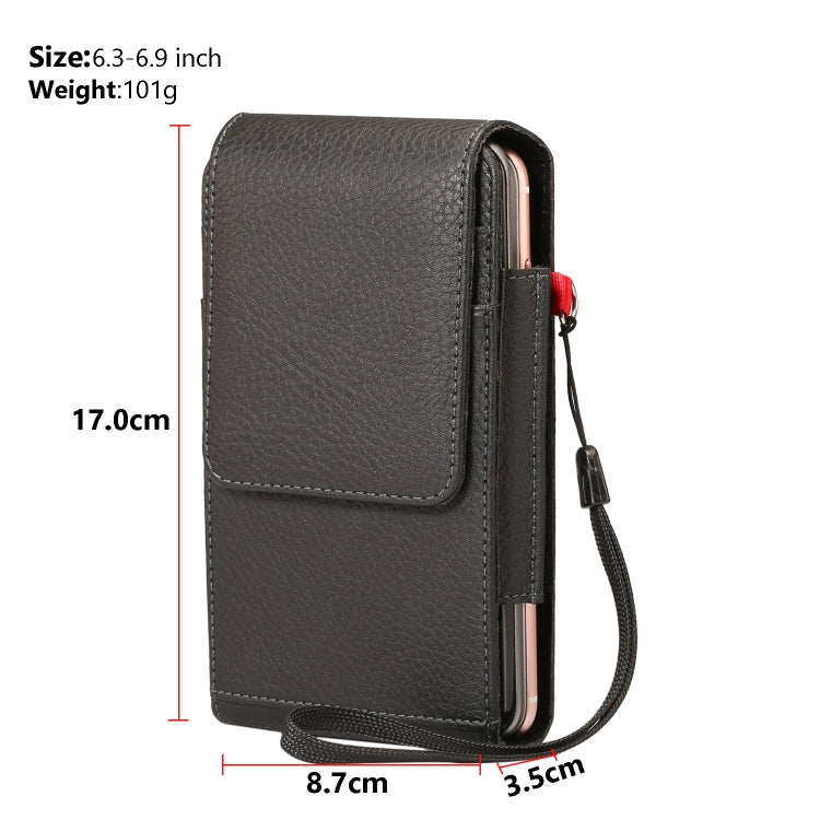 For 6.7 inch and Below Phones Litchi Texture Multifunctional Universal Vertical Flip Upright Double Lattice PU Leather Case Waist Bag with Card Slot & Belt Clip & Lanyard (Black)