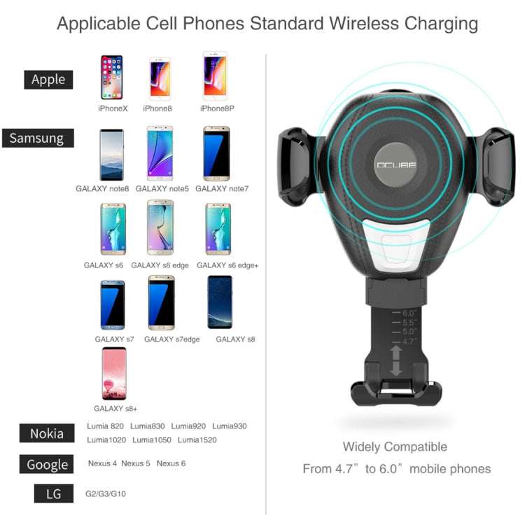OCUBE S001 Wireless Charger Car Air Outlet Holder Charger,Support 4.7 inch to 6 inch Phones, For iPhone, Galaxy, Huawei, Xiaomi, LG, HTC and Other QI Standard Smart Phones