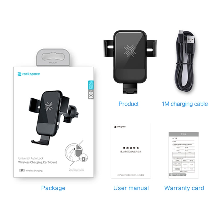 ROCK SPACE Gravity Sensing Auto Lock Wireless Charging Car Mount, For iPhone, Galaxy, Huawei, Xiaomi, Google, LG, HTC and other QI Standard 4.7- 6.3 inch Smart Phones