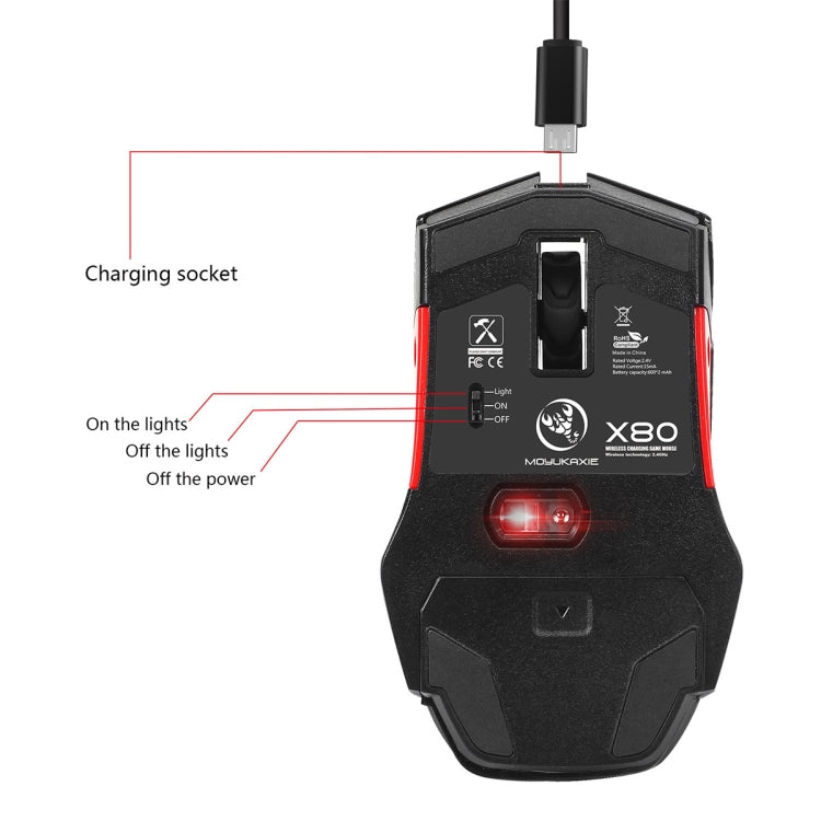 X80 2.4G Wireless Luminous Rechargeable Gaming Mouse without Letters (Red)